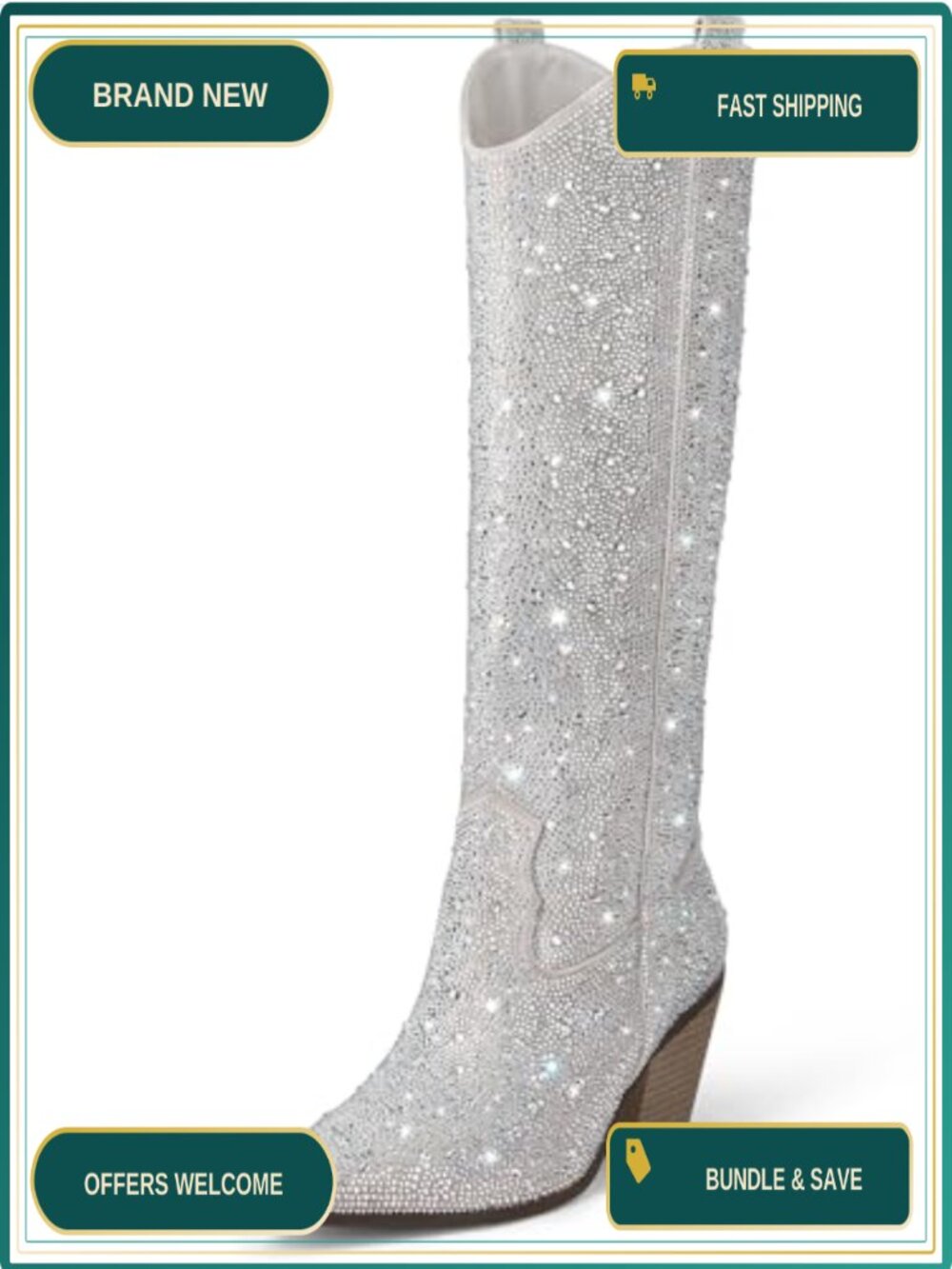 Women's Rhinestone Mid Calf Boots Sparkly Block Heel Cowgirl Glitter Boots